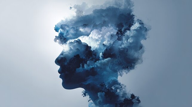 Abstract silhouette of a human head made of dark smoke and clouds, concept of mental overload and depression