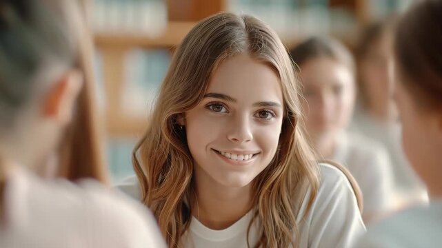 Glowing Glance: A serene, radiant individual, her features illuminated with a soft glow, captured in a moment of shared connection, surrounded by a close-knit group.