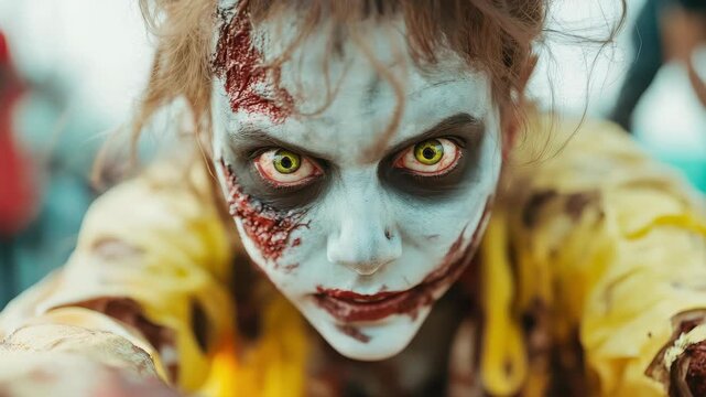 Zombie's Grasp: A chilling close-up showcases a zombie with grotesque makeup, its piercing eyes locked in a haunting gaze, creating a scene of undead horror. 