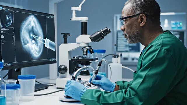 Scientist working with microscope and computer
