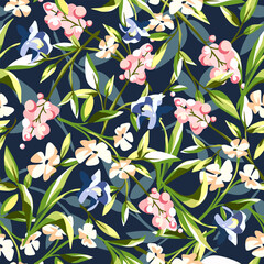 Seamless floral pattern with pink, blue, and white flowers and green leaves on a dark blue background. Vector floral print