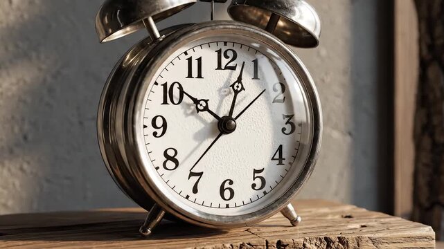 Vintage alarm clock on wooden block