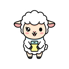 Obraz premium Cute cartoon sheep holding smartphone isolated on white background kawaii illustration