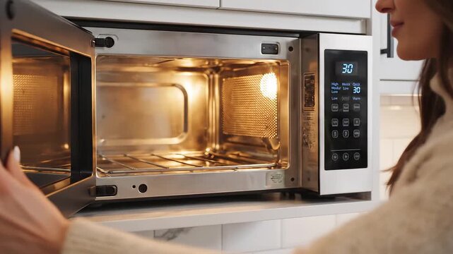 Woman using microwave in kitchen