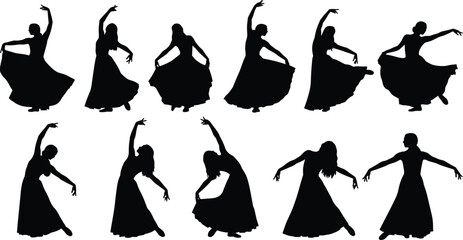 Black dancer silhouette collection showcasing graceful poses, expressive movement, elegant dance illustration elements for art, performance, and creative design projects
