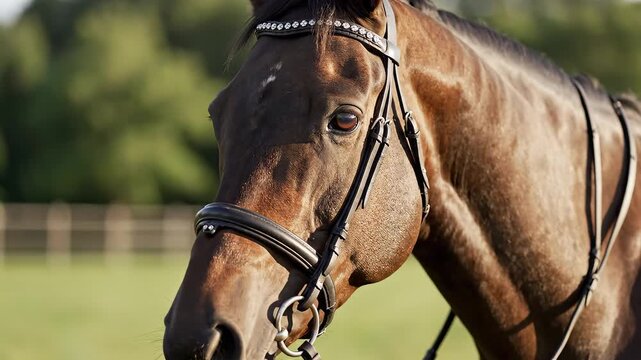 Closeup of a brown horse with bridle