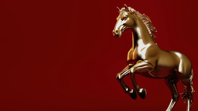 Golden rearing horse figurine representing prosperity and success for Chinese New Year, set against a vibrant red backdrop