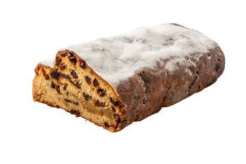 Stollen, traditional German Christmas cake with candied fruit, raisins, spices, and marzipan. Isolated