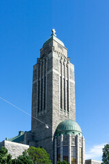 Kallio Church Tower in Helsinki Finland Lars Sonck National Romanticism Grey Granite Architecture Historic Landmark under Blue Sky