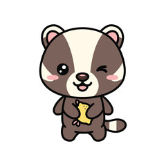 Obraz premium Cute cartoon brown and white puppy dog character holding yellow bone toy isolated on white background