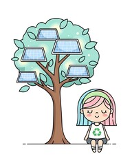 Fototapeta premium Cute girl and solar panel tree illustration.