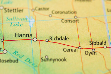 Naklejka premium Road map detail showing Hanna Richdale and rural Alberta towns.