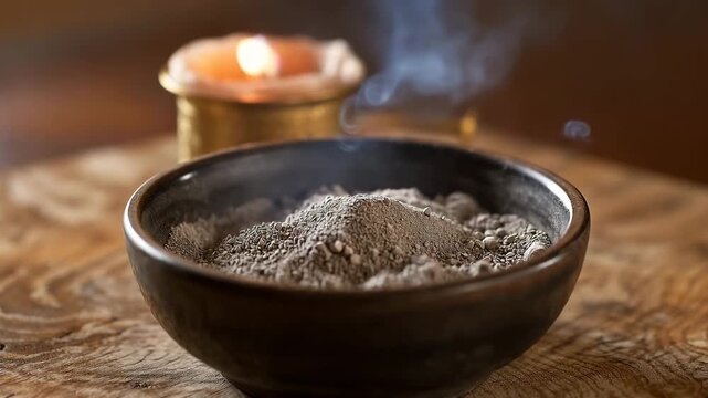 Bowl of grey ash and burning candle on wooden altar for Ash Wednesday. Religious symbol of Lent and repentance. Catholic spiritual tradition of fasting and prayer