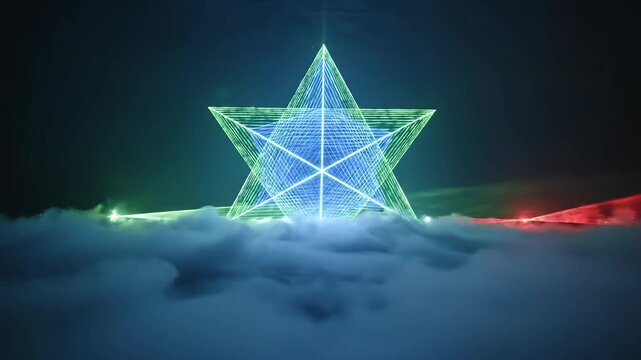 Spectacular laser light show over clouds creating geometric shapes at night.