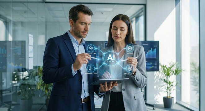 Corporate Team Using AI Collaboration Interface for Project Management and Shared Tasks on Digital Tablet