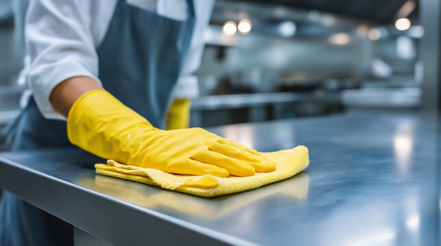 Hand in yellow glove wiping stainless steel surface. Perfect for commercial cleaning services, restaurant hygiene campaigns and food safety advertising.