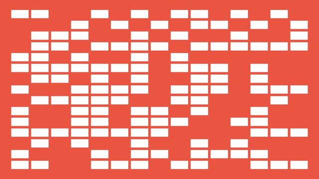 Minimalist coral background with white digital blocks randomly appearing and disappearing, ideal for abstract motion graphics, data visualization, and tech design projects.