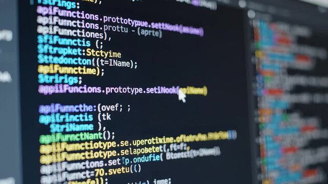 Hand pointing at computer screen with code