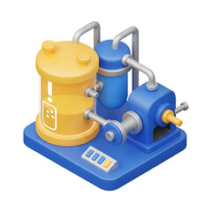 3D isometric industrial manufacturing system with tanks, pipes and control panel, factory automation technology icon