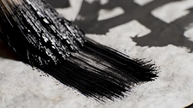 Close-up of a paintbrush applying black ink to textured paper for artistic creation.
