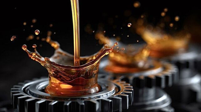 Oil pouring over industrial gears, creating dramatic splashes and droplets that highlight essential lubrication, mechanical efficiency, and heavy duty engine performance