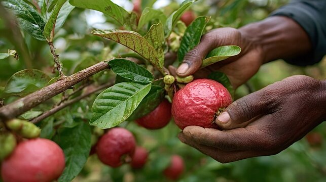 Farmer hands carefully picking ripe red guava fruit from a tree, illustrating agricultural activity, organic farming, and sustainable harvesting in a tropical environment