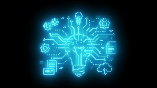 Glowing blue circuit board design in the shape of a brain with a lightbulb on a black background.