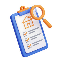 3D clipboard with home icon and checklist items paired with magnifying glass, property search and inspection concept