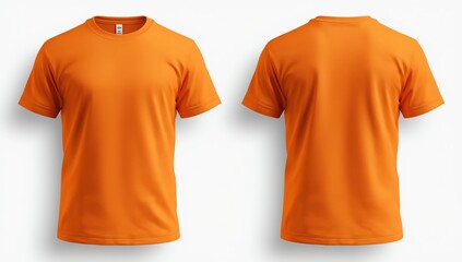 Orange t-shirt mock up, front and back view, isolated. Plain orange shirt mockup. Tshirt design template. Blank tee for print