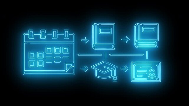 Neon-lit flowchart illustrating educational progression from calendar to diploma and documents on a dark background with blue glow.