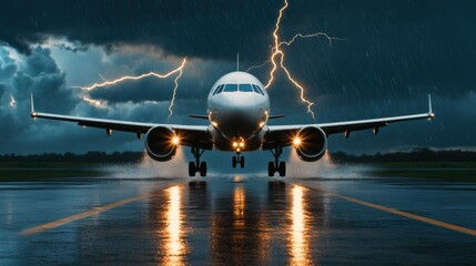 Fototapeta premium Airplane landing amidst thunderstorm airport runway action shot dramatic weather low angle view aviation photography