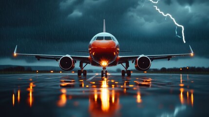 Heavy storm encounter airplane on runway thunderstorm photography nighttime dramatic atmosphere