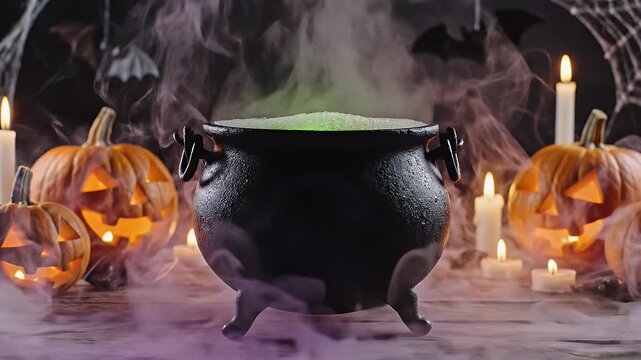 Halloween cauldron with pumpkins and candles, spooky holiday scene, smoke and magic.