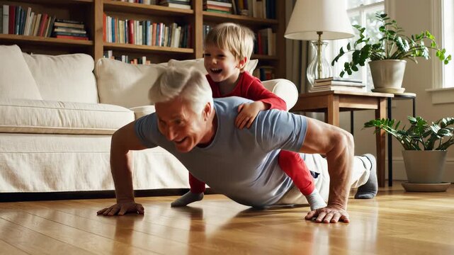 Grandfather doing pushups with child on back