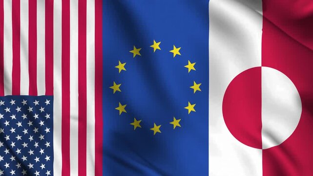 Horizontally aligned flags of the United States, European Union, and Greenland in a realistic seamless wave animation.