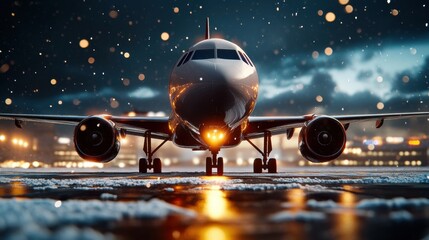 Fototapeta premium Aircraft preparing for takeoff amidst snowy conditions airport runway night scene winter environment dramatic viewpoint