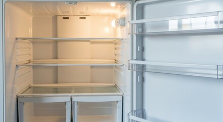 Empty refrigerator interior with open door and shelves, clean and white.
