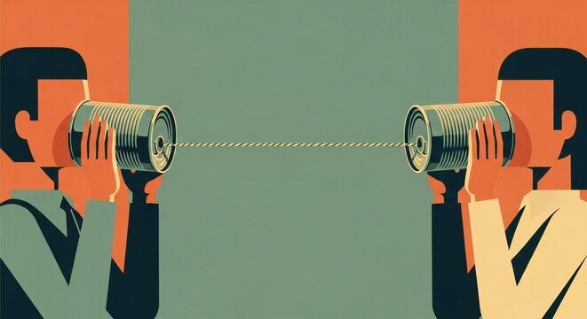 Retro illustration depicting two stylized figures engaged in a tin can telephone conversation, symbolizing effective communication and connection.