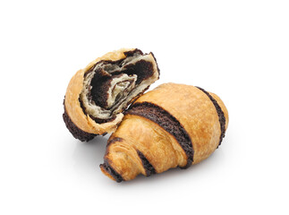 Fresh chocolate croissants, whole and halved, isolated on white background