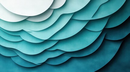 Flat style geometric abstraction of a lake formed by layered concentric ovals in shades of teal to blue against a textured white background