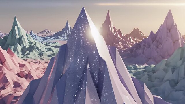 Abstract low poly landscape with colorful mountains and bright sunlight.