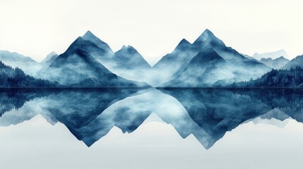 Fototapeta premium Symmetrical lake with triangular mountains and gradient blue reflections under a pale grey sky