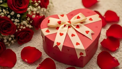 Obraz premium Happy valentine's day gift ideas heart shaped box with roses and petals