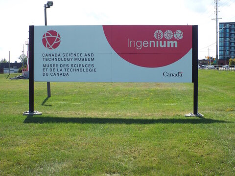 Ottawa, ON, Canada-July 10,2025: The exterior signage for the "Canada Science and Technology Museum and Ingenium", located at 1865 St. Laurent Boulevard.
