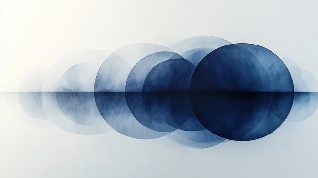 Geometric abstraction with overlapping circles and lines blending blue and grey tones on a white background to form a minimal artwork in a structured layout