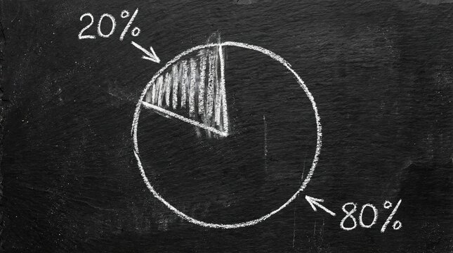 Chalk drawn pie chart showing 20 percent and 80 percent division on a dark blackboard for business analysis