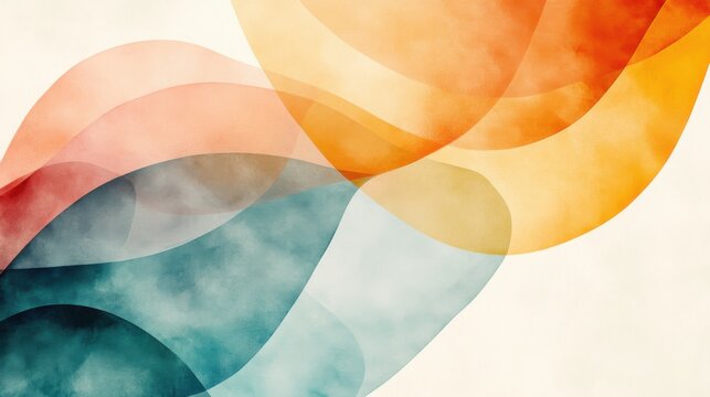 Geometric abstraction of overlapping organic shapes with transparent layers in warm and cool colors on a light background