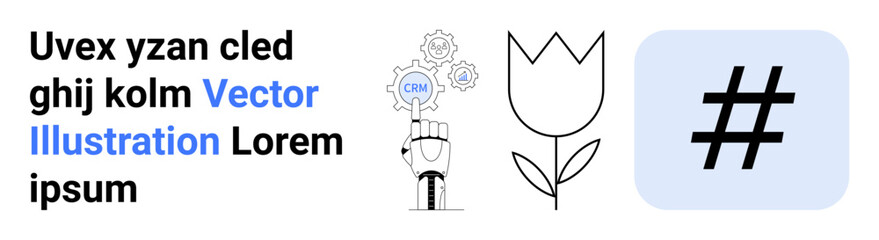 Obraz premium Robotic hand with gears, tulip outline, metadata tag in blue square, plus text layout. Ideal for technology, innovation, social media, botany, digital marketing creativity simple landing page