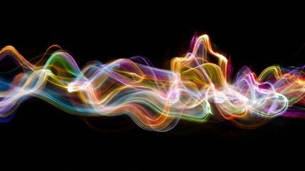 Obraz premium Thoughts Represented by Colorful Light Shapes Create a Balance of Ideas Seen in Motion and Form Against a Dark Background