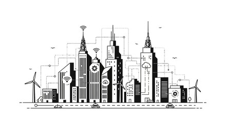 Fototapeta premium Smart City Sketch with Modern Buildings and Renewable Energy.